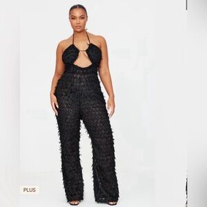 Pretty Little Thing Black Cross Front Textured Wide Leg Jumpsuit Womens Size 12